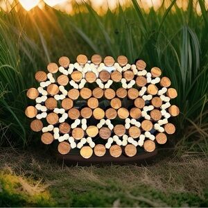 Handmade Wooden Beaded Oval Trivet Dominica Folk Art Brown Tan 9.5x6.5